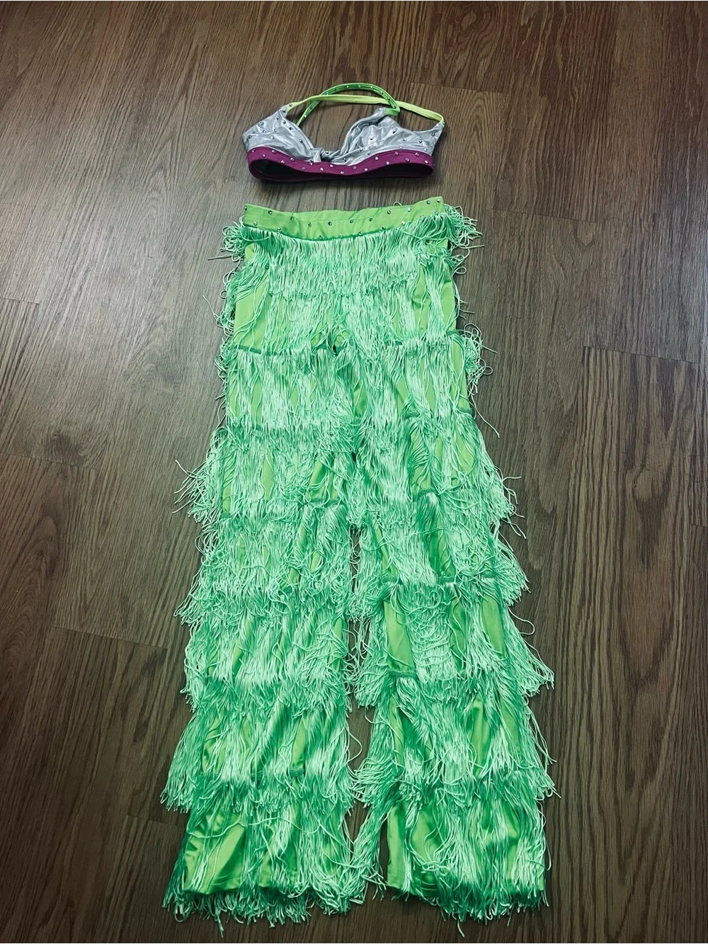 Green Fringe Pants and Top - Vibrant Lime Layered Style - Medium Child - dance